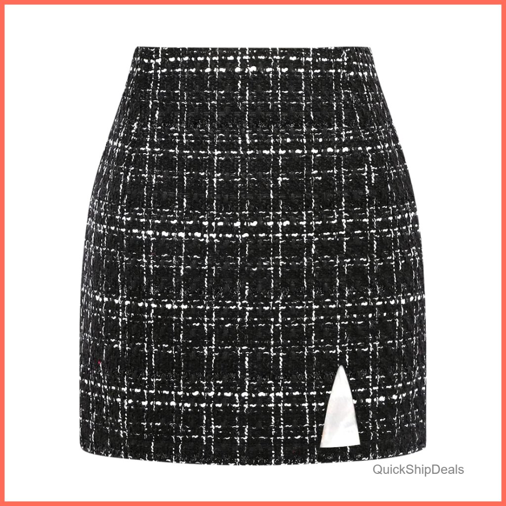 Woolen Plaid Mini Skirt High Waisted Pencil With Slit